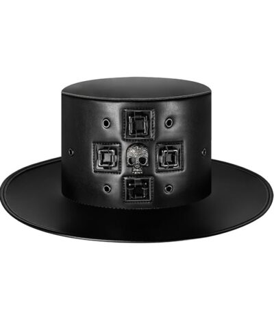 Black Leather Gothic Top Hat with Skull and Buckle Detailing