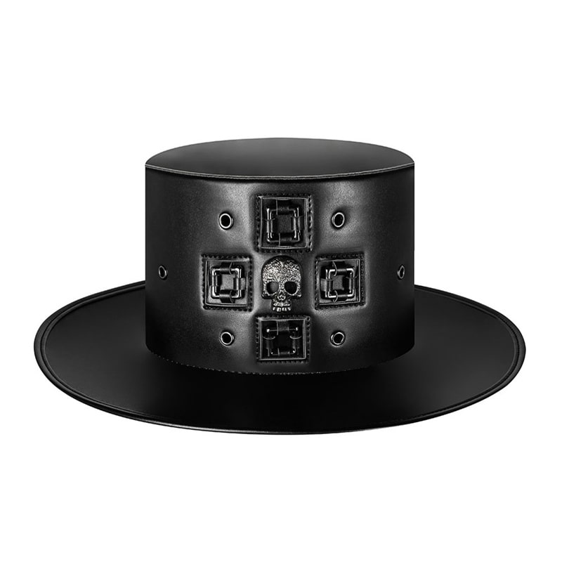 Black Leather Gothic Top Hat with Skull and Buckle Detailing