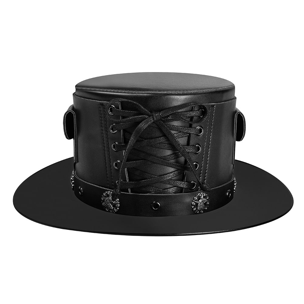 Corset-Style Black Leather Gothic Top Hat