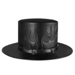 Gothic Black Leather Top Hat with Flame Design and Skull Accents