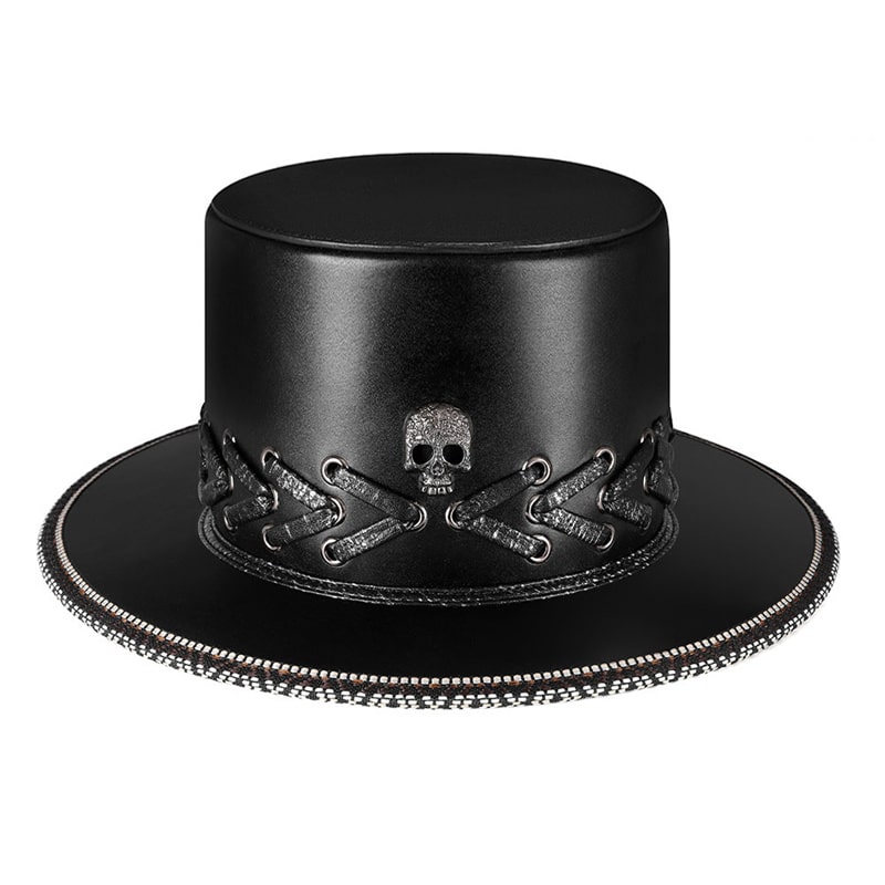 Gothic Black Leather Top Hat with Skull Emblem and Chain Accents