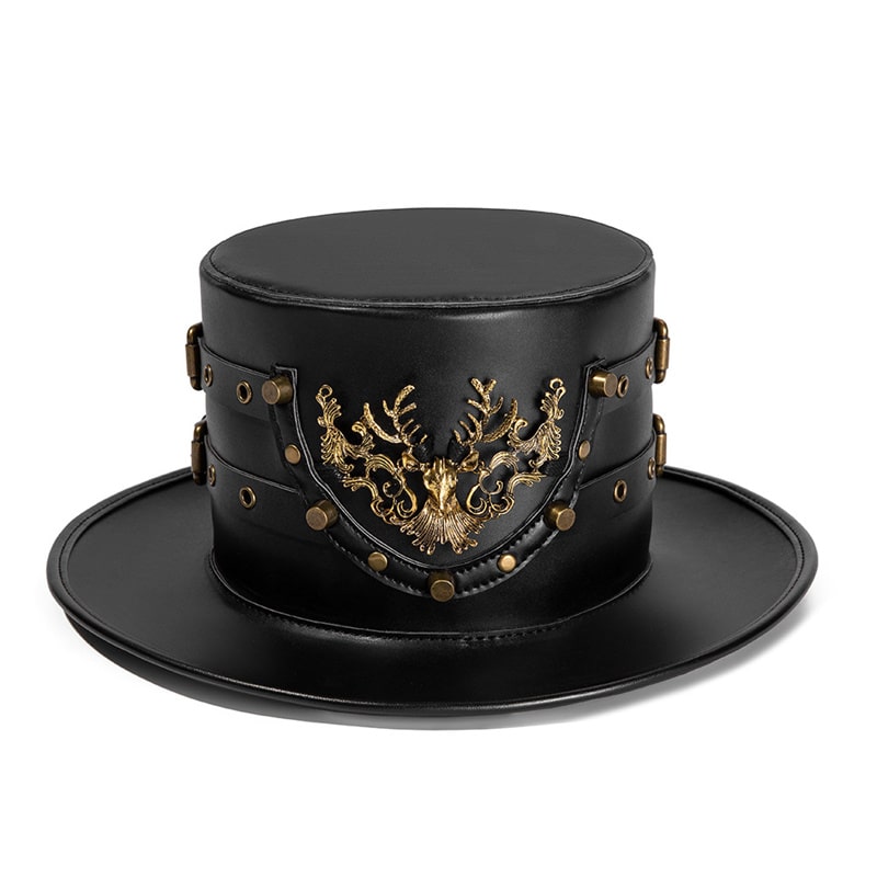 Steampunk Black Top Hat with Stag Emblem