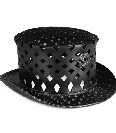 Black Gothic Top Hat with Skull Design and Cutout Design