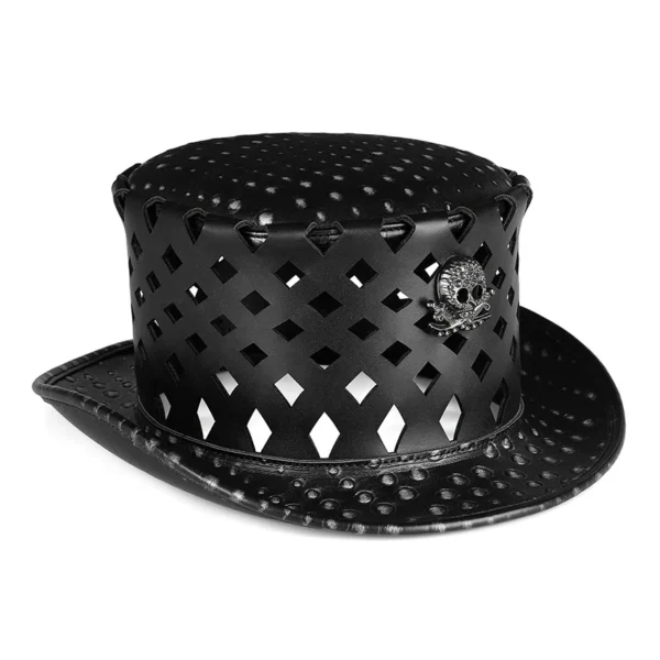 Black Gothic Top Hat with Skull Design and Cutout Design