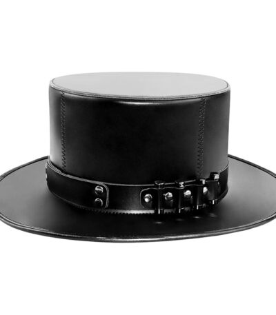 Black Leather Flat Top Hat with Belt Buckle