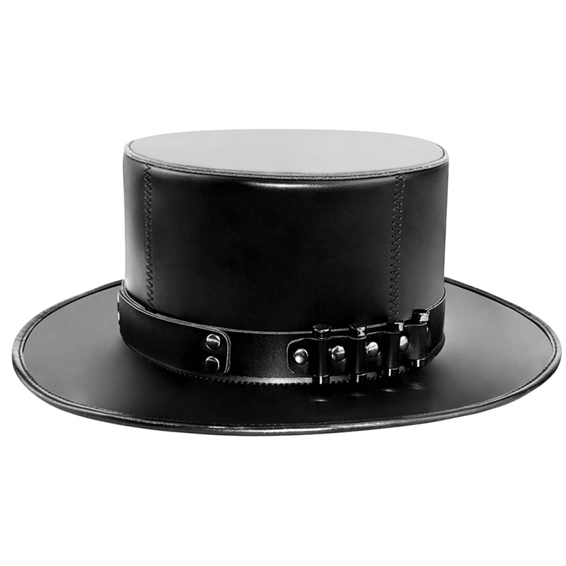 Black Leather Flat Top Hat with Belt Buckle