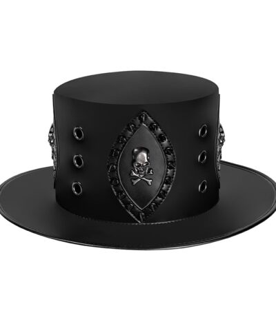 Black Leather Gothic Top Hat with Skull and Crossbones Emblem