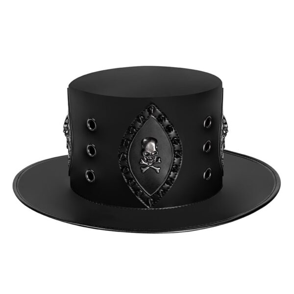 Black Leather Gothic Top Hat with Skull and Crossbones Emblem