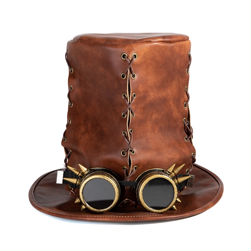 Brown Leather Steampunk Top Hat with Goggles