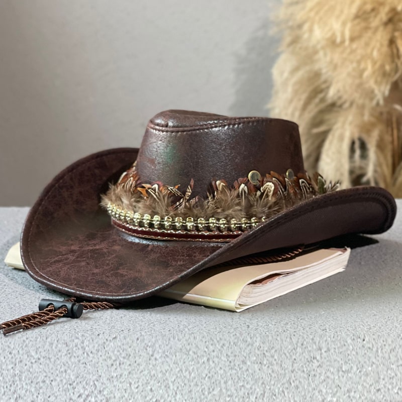 Cowboy Hat with Feather and Bead Embellishments