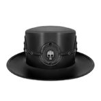 Gothic Black Leather Top Hat with Skull Emblem