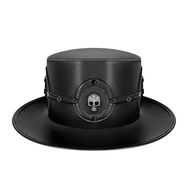 Gothic Black Leather Top Hat with Skull Emblem