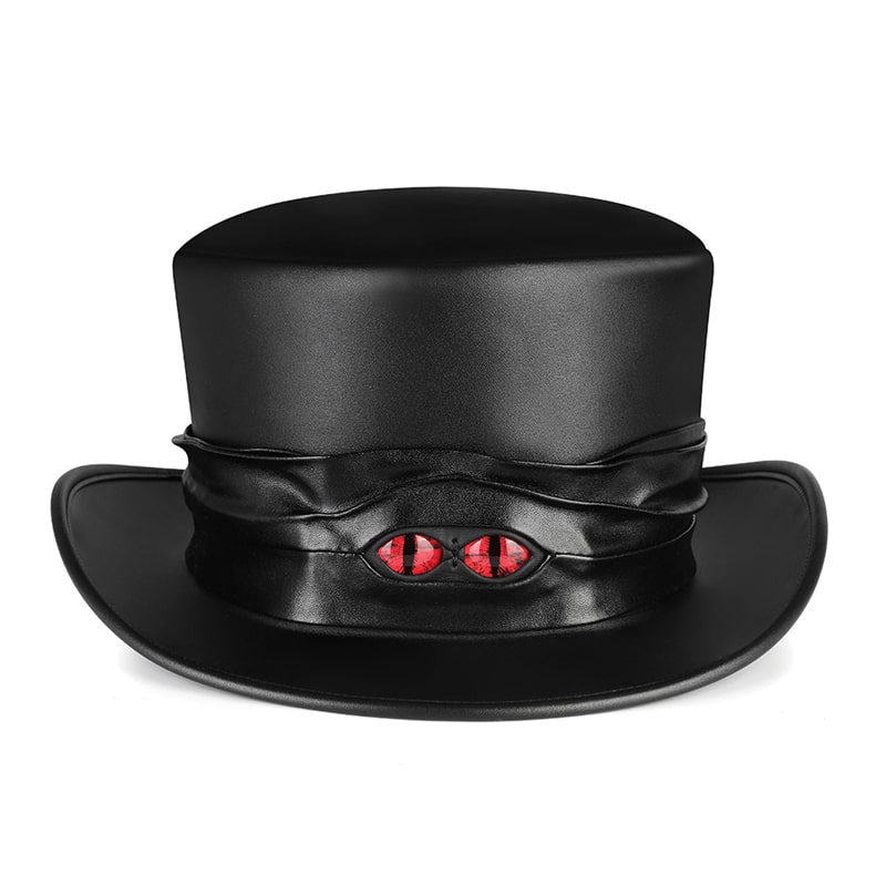 Gothic Leather Top Hat with Red Eye Accents