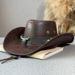 Leather Cowboy Hat with Bull Head and Floral Accents