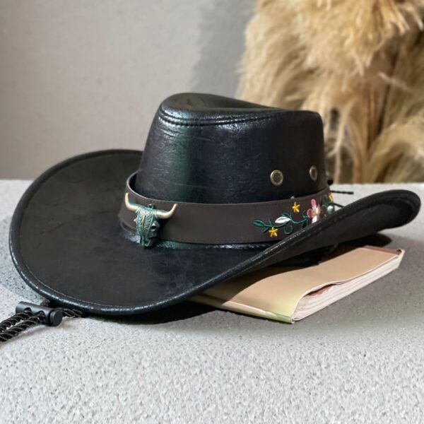 Leather Cowboy Hat with Bull Head and Floral Accents