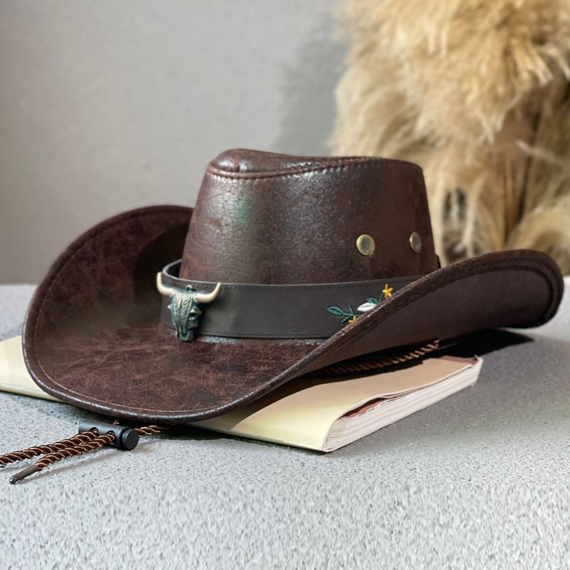 Leather Cowboy Hat with Bull Head and Floral Accents