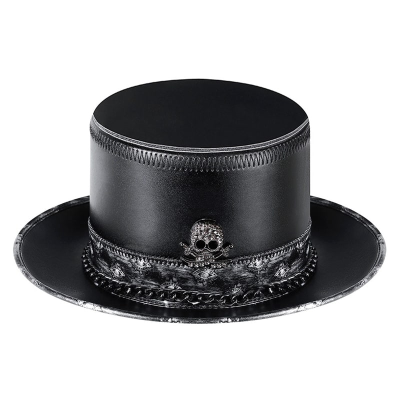 Steampunk Leather Top Hat with Skull Emblem