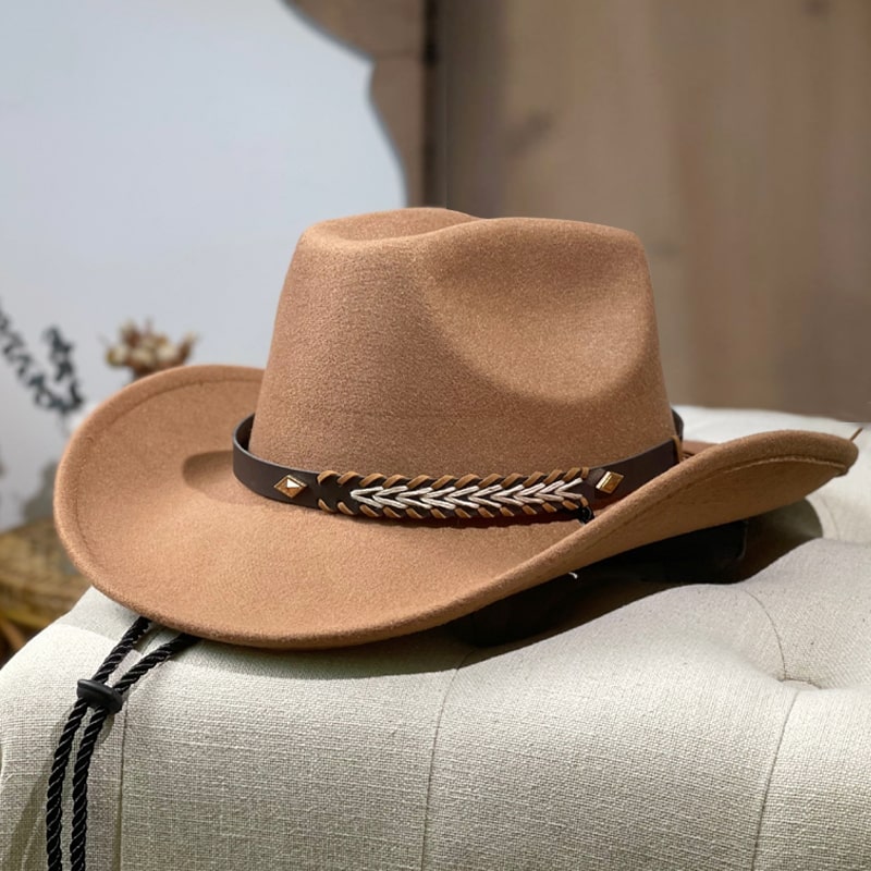 Western Style Cream Felt Cowboy Hat with Leather Band